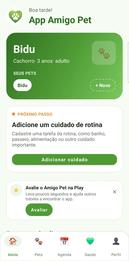 Tela inicial com o pet e o próximo passo