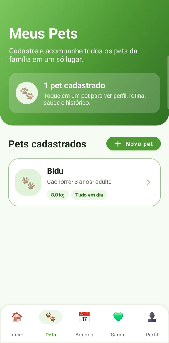 Tela Meus Pets com o pet cadastrado