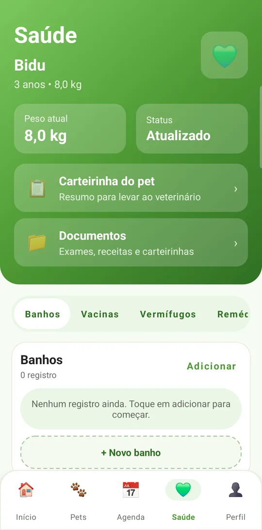 Tela Saúde do app com peso, carteirinha do pet e documentos